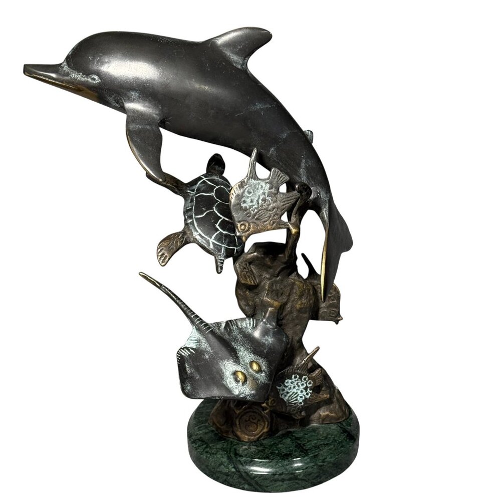 SPI Dolphin and Undersea Friends - Solid Brass w/ Marble Base Sculpture - 11"